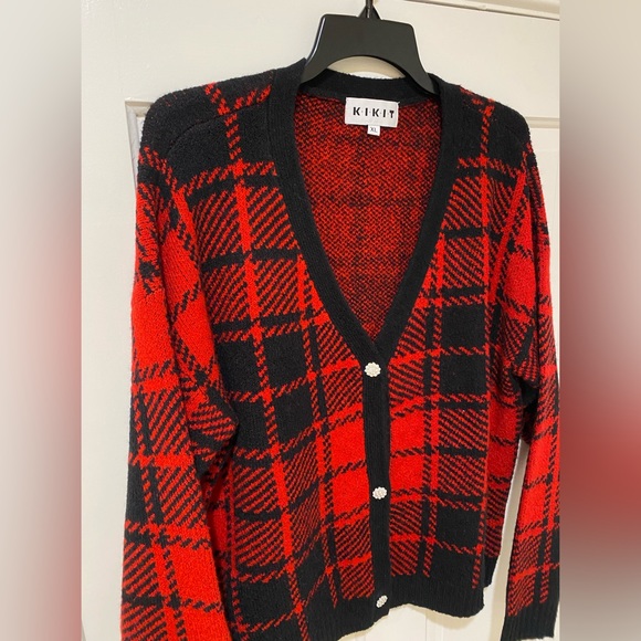 KIKIT red plaid button down crop cardigan jacket - Picture 2 of 14